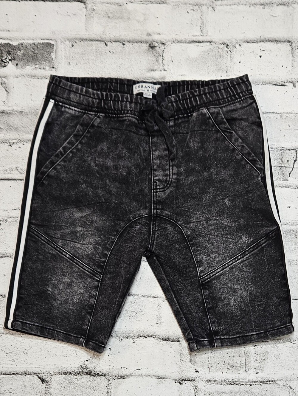 Urban Man Black Acid Wash Denim Jogger Shorts Side Stripe Size M